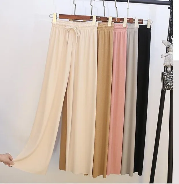 

9th and full length Ice silk wide leg pants women's summer high waist drape new straight pants loose mopping suit pants