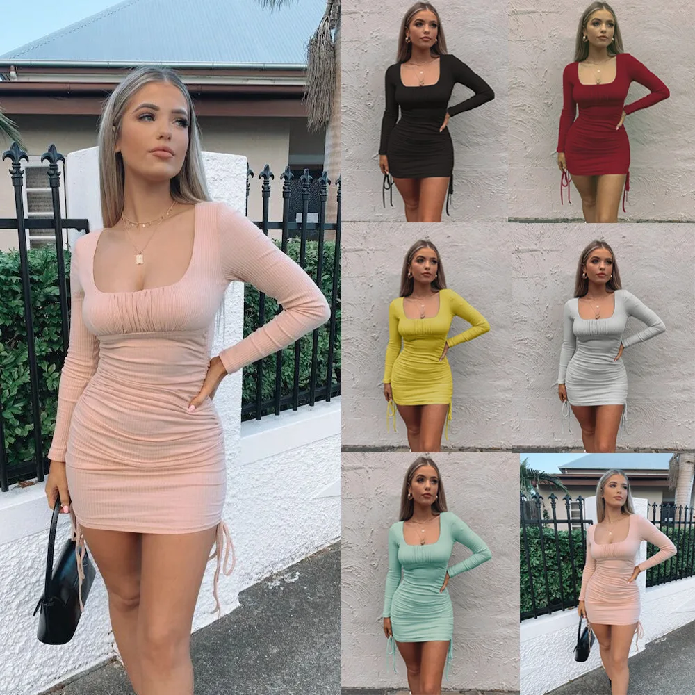 

2020 Summer Party Club Outfit Female Short Clothes Long Sleeve Drawstring Bodycon Mini Dress For Woman, As shown