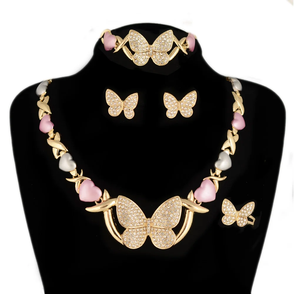 

BPOYB Top Selling Cute 3 Colors Butterfly Xoxo Necklace Sets Rhinestones Exquisite 4Piece Gold Filled Women Bridal Jewelry Set