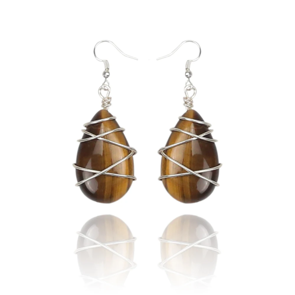 

Handmade Tiger's-Eye Silver Plated Wire Wrapped Earrings Jewelry, Colors