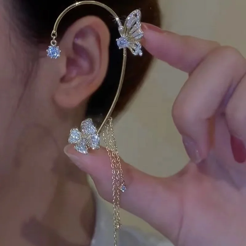 

Large Fashion Shining Zircon Flower Butterfly Tassel Chain Cartilage Clip Earring Non Piercing Ear Cuff Earrings for Women