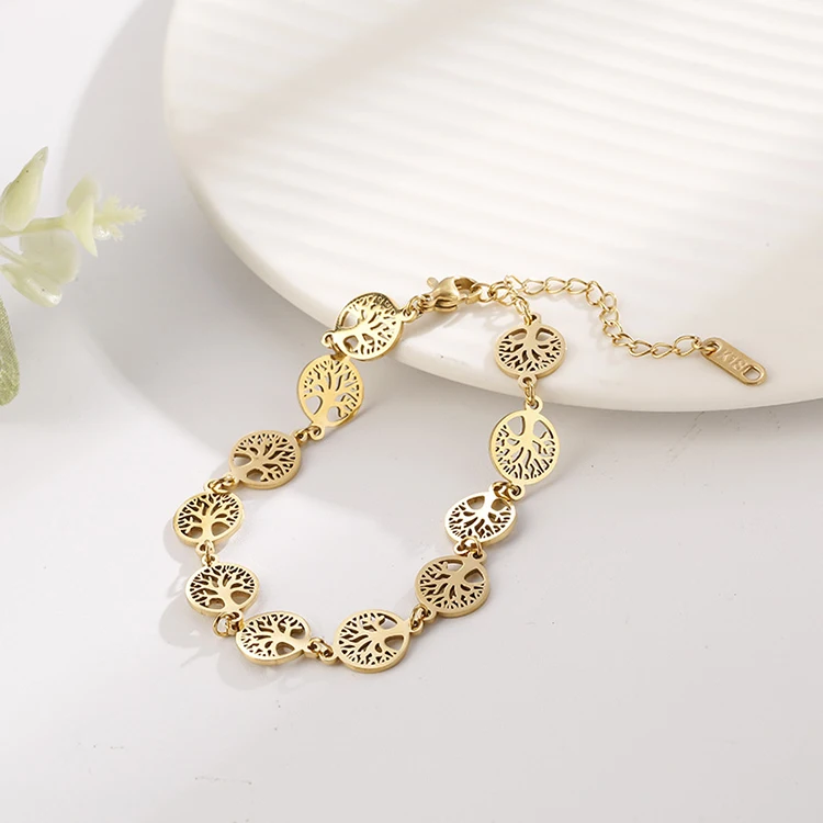 

2021 fashion summer dainty bracelet jewelry 14k gold plated stainless steel new Bohemia tree of life charm bracelet for women