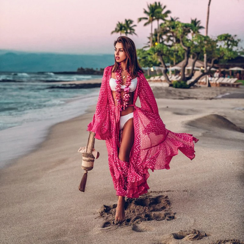 

Holiday Beach Causal Dress Latest Chiffon Dot Print Loose Beach Kaftans