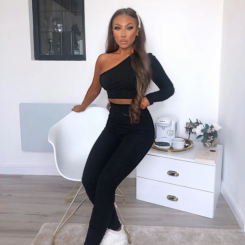 

2020 new arrivals autumn design women one shoulder with full length two pieces sets