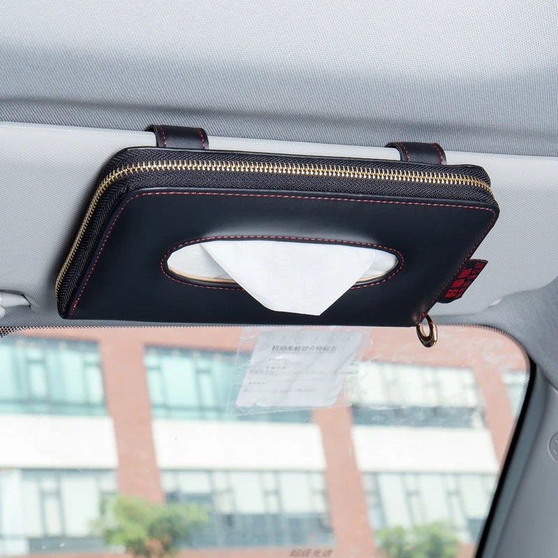 

wholesale Car Sun Visor Napkin Holder Car Tissue Box Mount PU Leather Zipper Backseat Tissue Case Holder