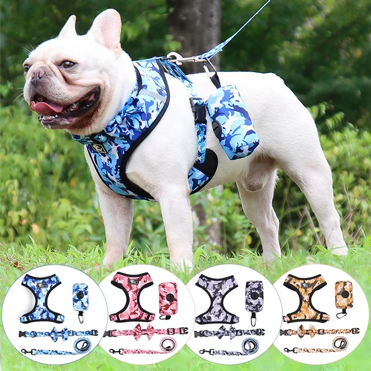 

Printing Design Breathable 2 in 1 Reversible Soft Mesh Dog Harness with Match Collar Leash Bandana Set, Blue,pink,yellow,gray