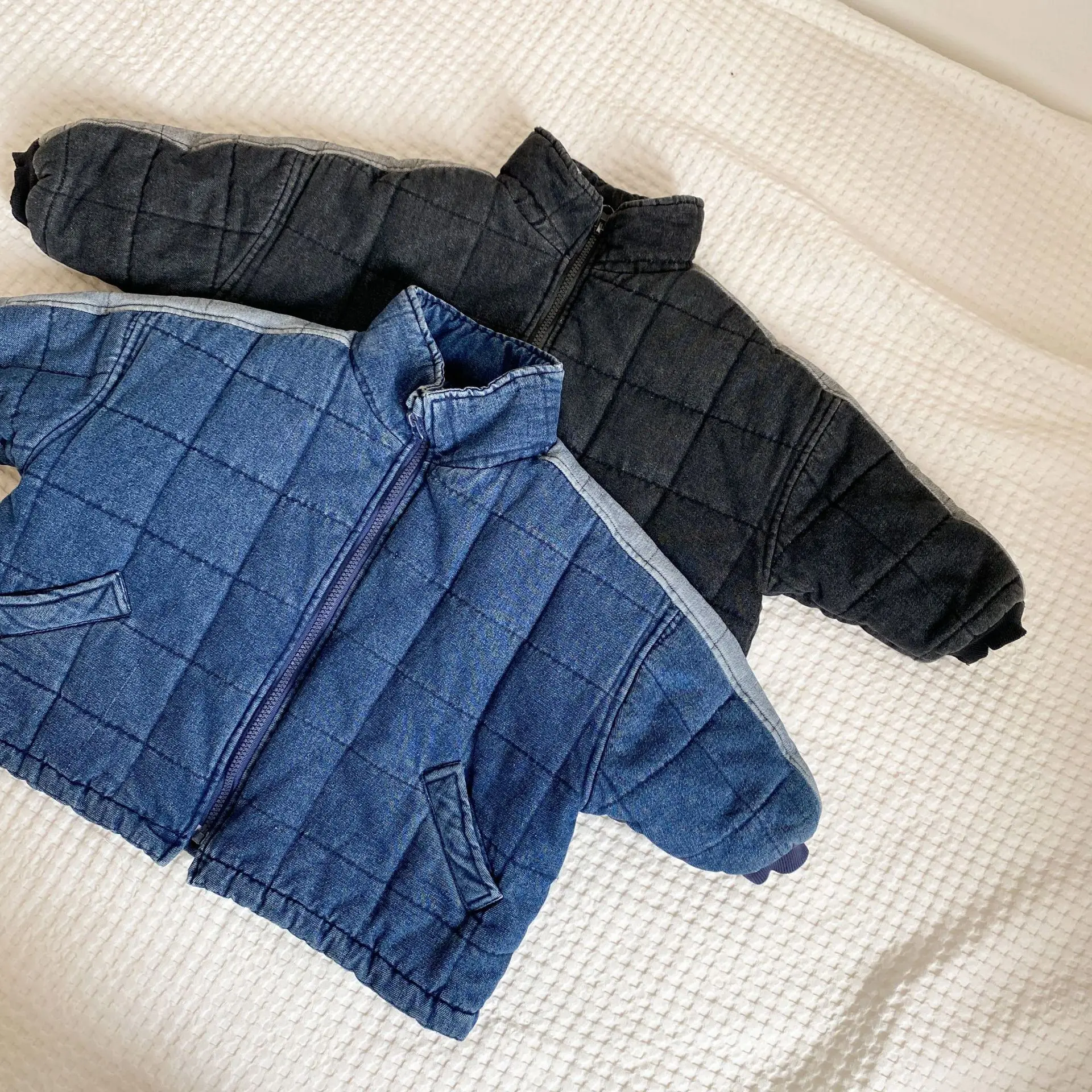

Vintage quilted toddler thickened coats denim cotton kids designer winter coats, As pic