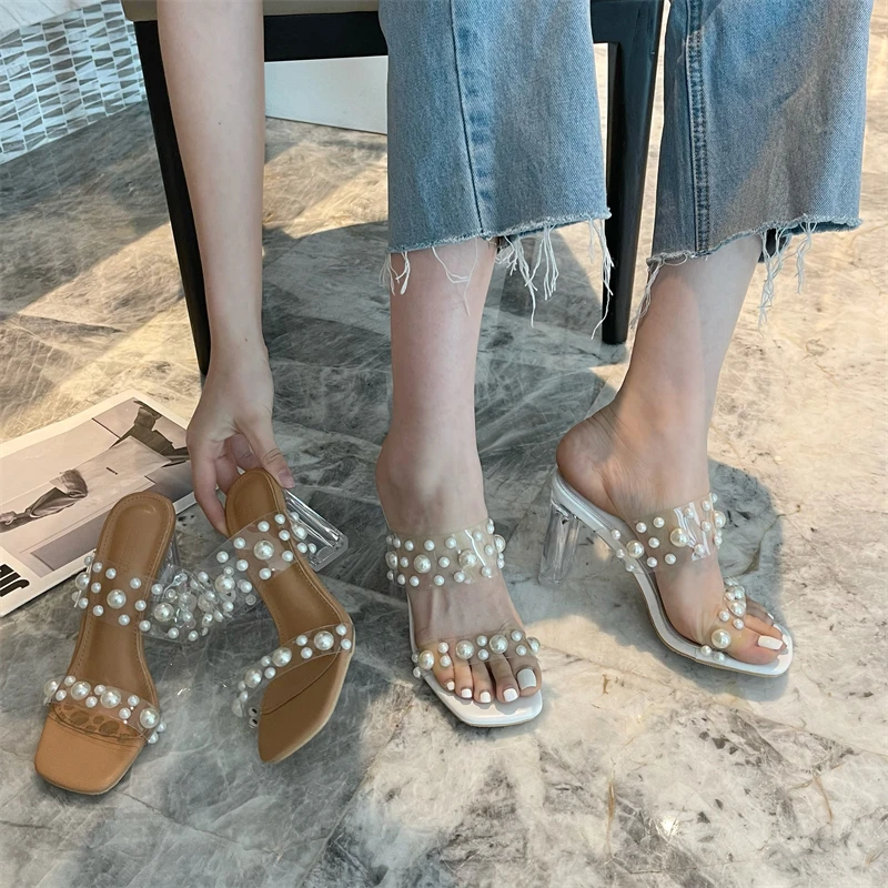 

Brand shoes faux pearl decor PVC transparent double strap women slipper sandals clear perspex heel lady slides girl mules