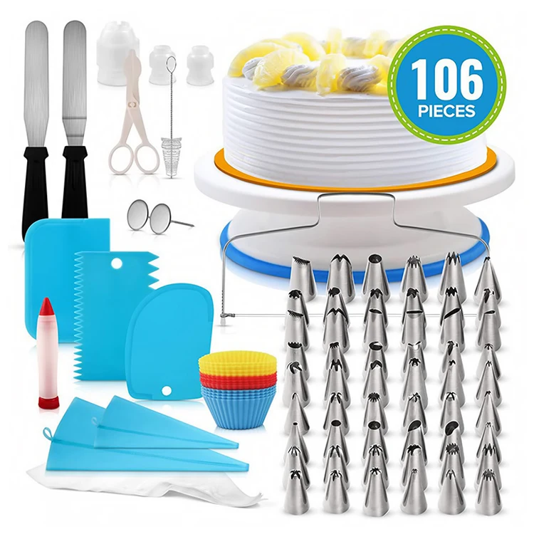 

Amazon Hot Sale 106 pcs Multi-function DIY Rotating Turntable Bakeware Sets Pastry Tube Fondant Cake Tools Decorating Kits