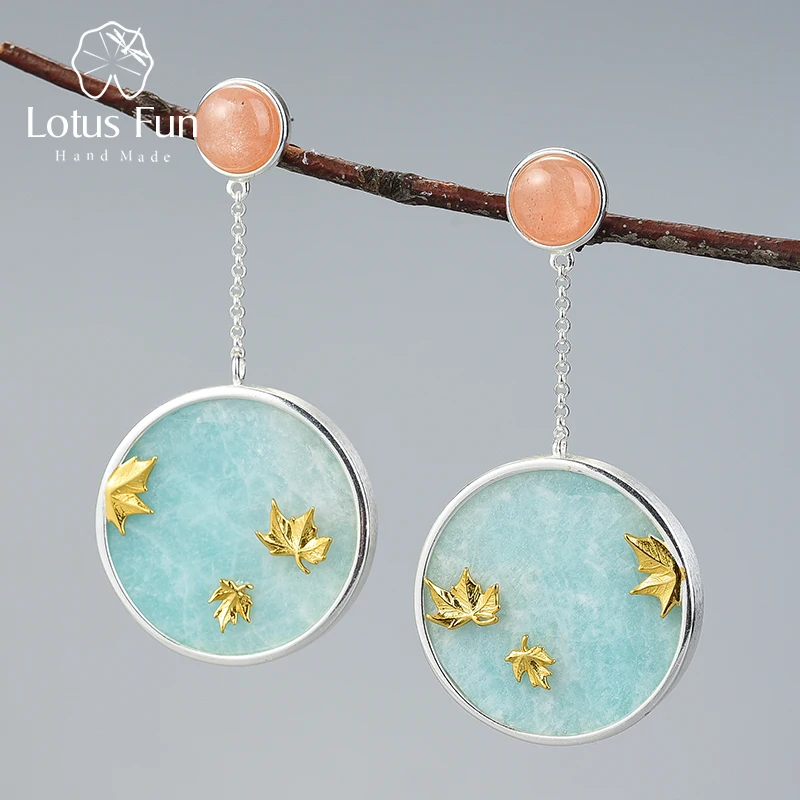 

Lotus Fun Statement Sterling Silver Stamped 925 Natural Amazonite Stoneleaf Earrings For Woman, Silver and gold