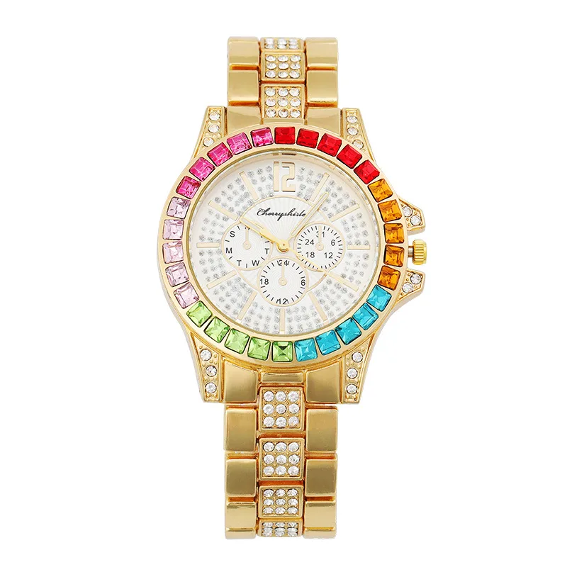 

Ins Diamond Gold Plated Three Eyes Stainless Steel Band Watches Colorful Gemstone Rhinestone Crystal Women's Quartz Wrist Watch, Picture shows