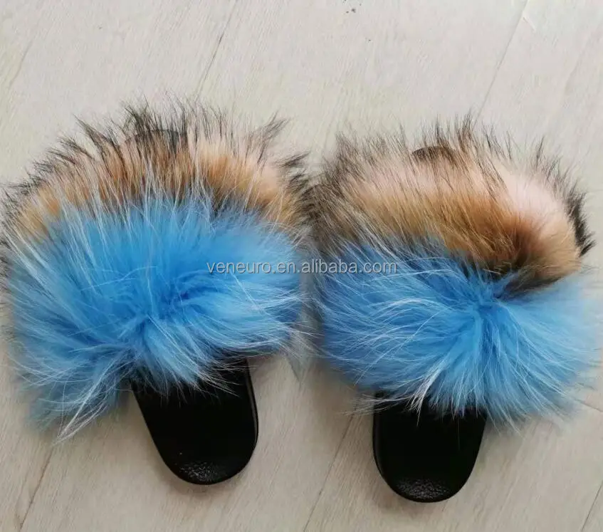 

New arrived fashion Women fuzzy real raccoon fur slippers real fox fur flip flops womens fur sandals slides, Customized color