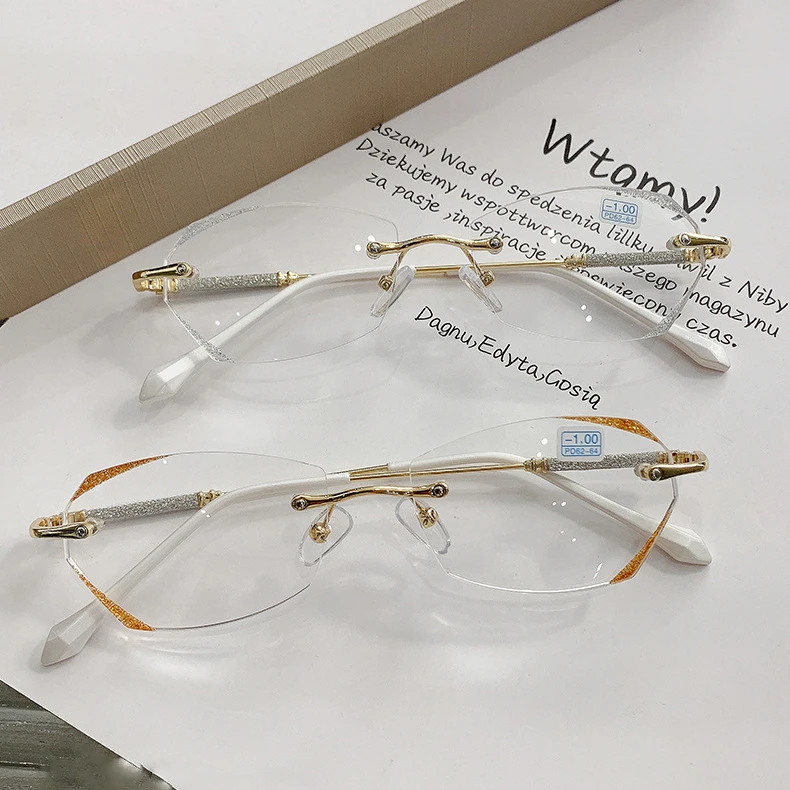 

2022 New Fashion Reading Glasses Diamond Cut Metal Anti Blue Light Blocking Rimless optical Reading Glasses For women
