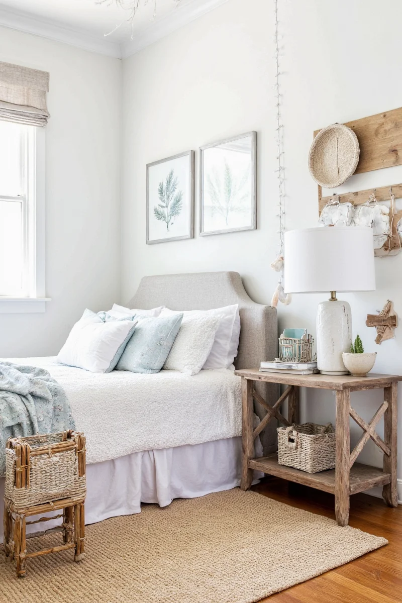 Master bedroom with rustic bed, linen bedding, and coastal wall art.