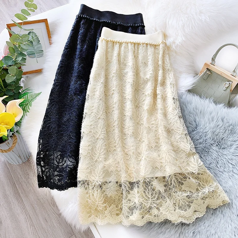 

B24134A New design lace long skirt high waist A- line skirt jacquard Korean style women's skirt