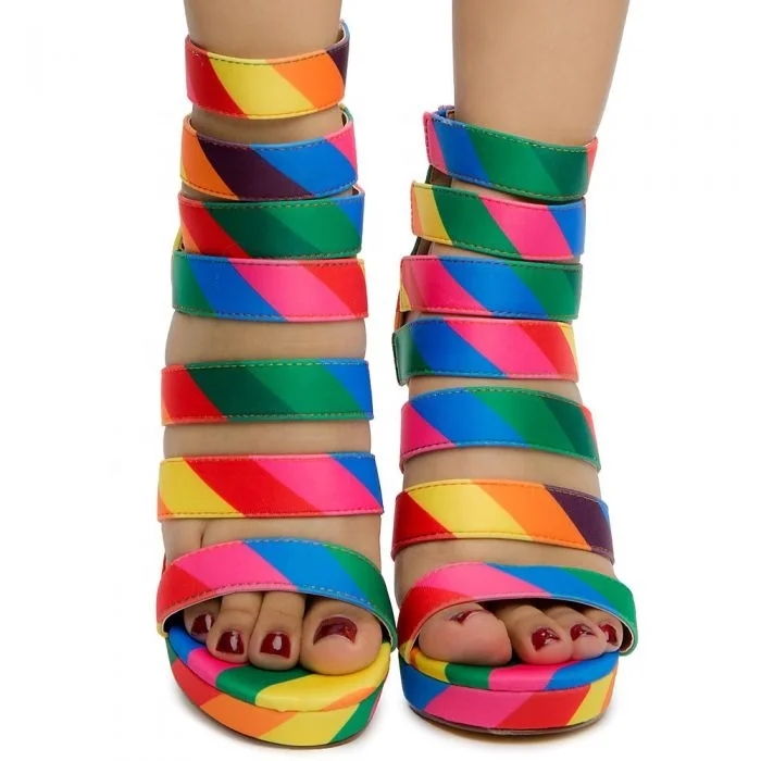

Strappy High Chunky Heel Shoes Peep Toe Pumps Platform Women Sandals Rainbow Colorful High Heels, Black white gold