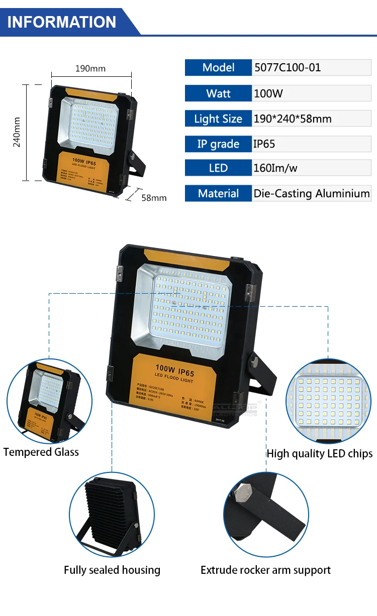 High quality IP65 waterproof outdoor Bridgelux 50 100 w led flood light