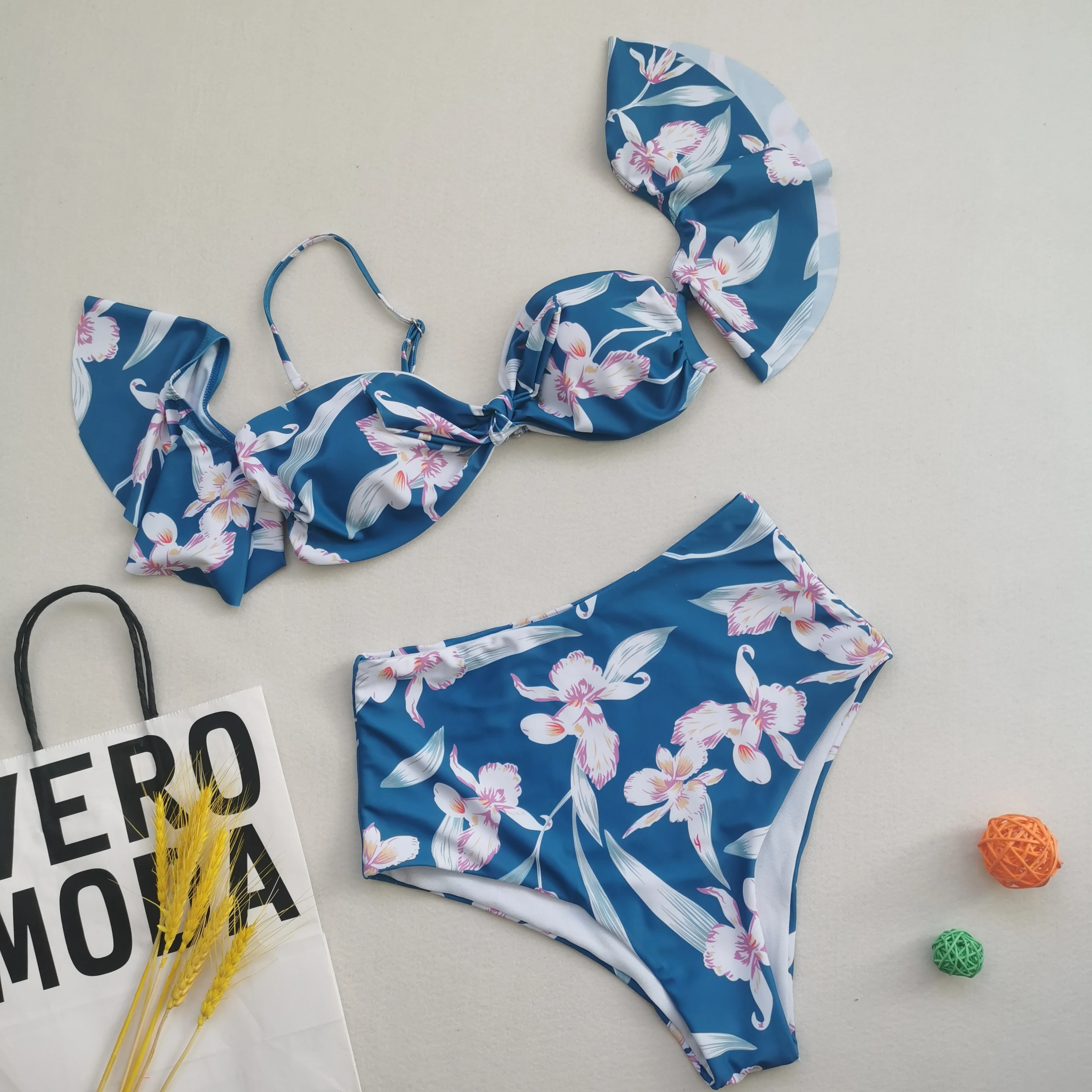 

Professional Manufacture Cheap Wholesale High Quality Nylon Bathing Suits For Women, Yellow flower, peacock blue