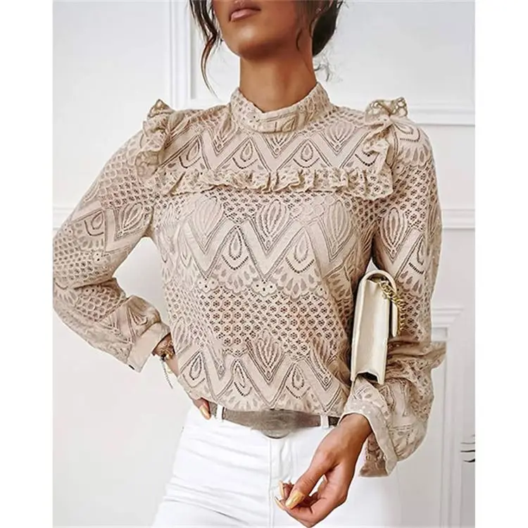 

Fashion New Sexy Women Clothing Hollow Out Woman Top Lace Draped Blouses Ladies Long Sleeve Ruffles Tops Shirts For Women