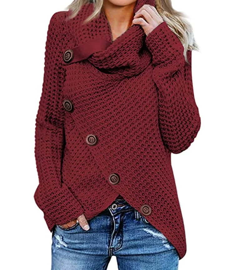 

Factory Winter Ladies Long Sleeve Asymmetric Button Cowl Neck Sweaters for Women Pullover Sweater