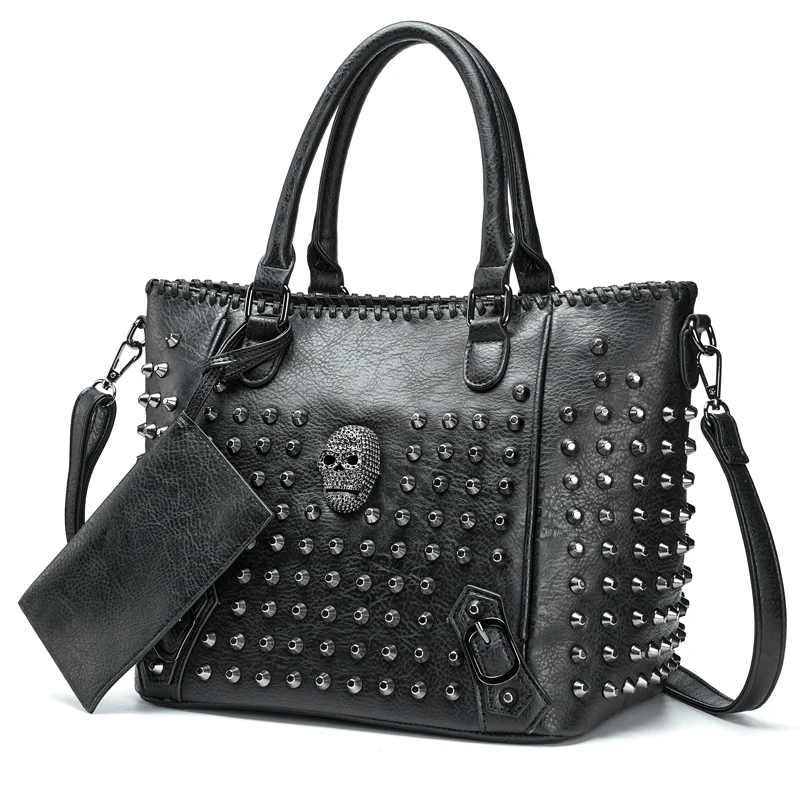 

New Rivet Pu Leather Tote Bag Purse Skull Handbag Quality Punk Shoulder Bag Crossbody Bag