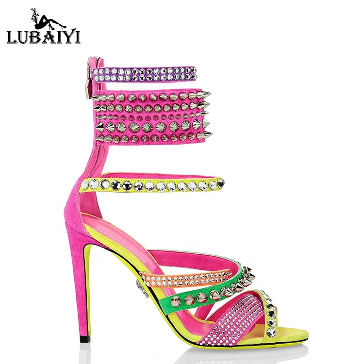 

Ladies Sandal High Heels Shoes Roman Open Toe Perforated Colored Rivet Stiletto Zipper Women Heel Sandals With Rhinestone, Customized color