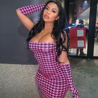 

sexy one piece strapless print dress with gloves woman color block dress