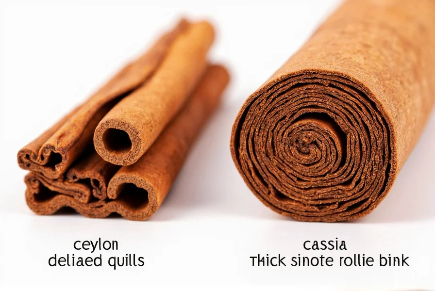 Close-up comparison of Ceylon cinnamon's delicate layered quills versus Cassia's thick single-roll bark structure
