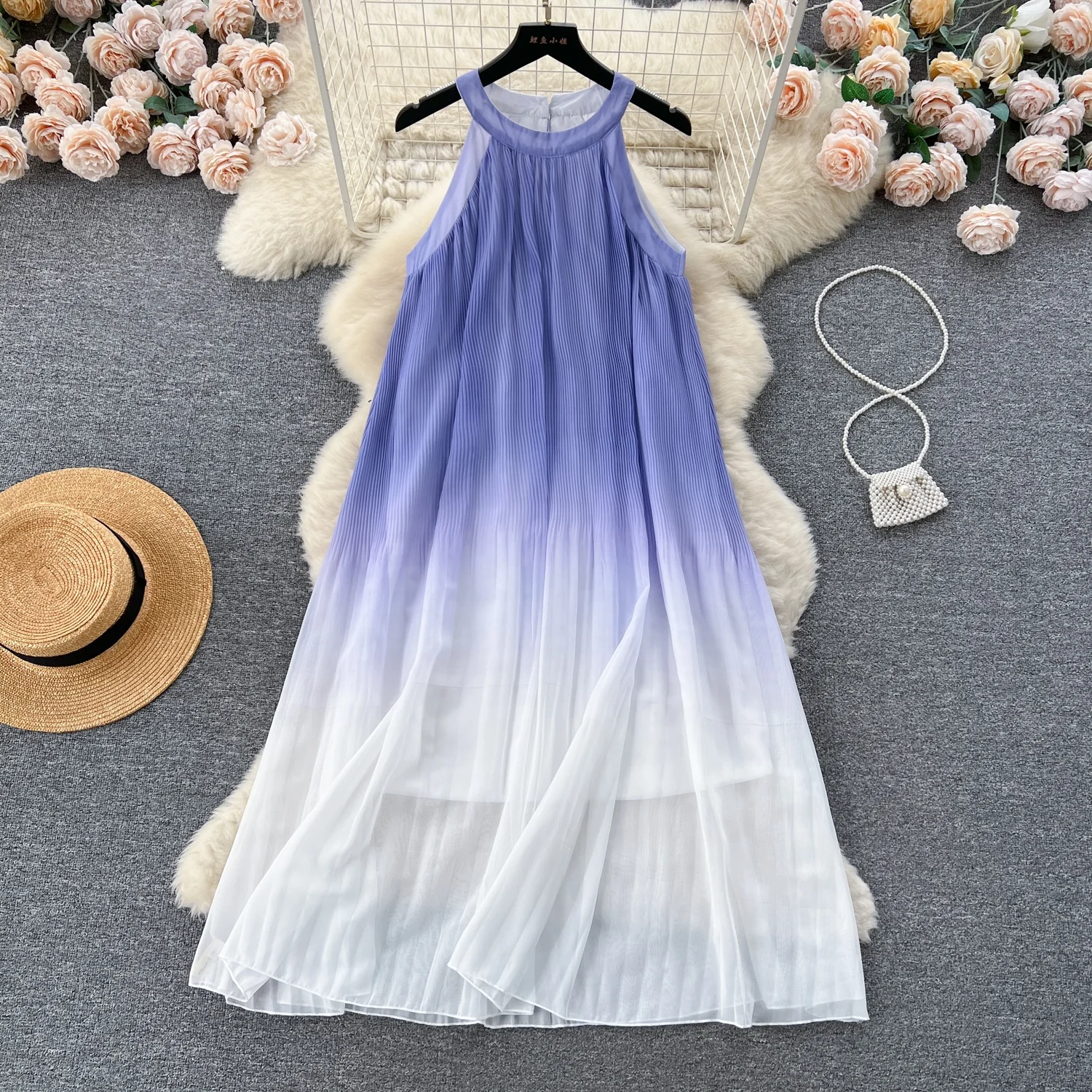 

2024 New Women's Summer French Sweet Gradient Purple Pleated Suspender Dress