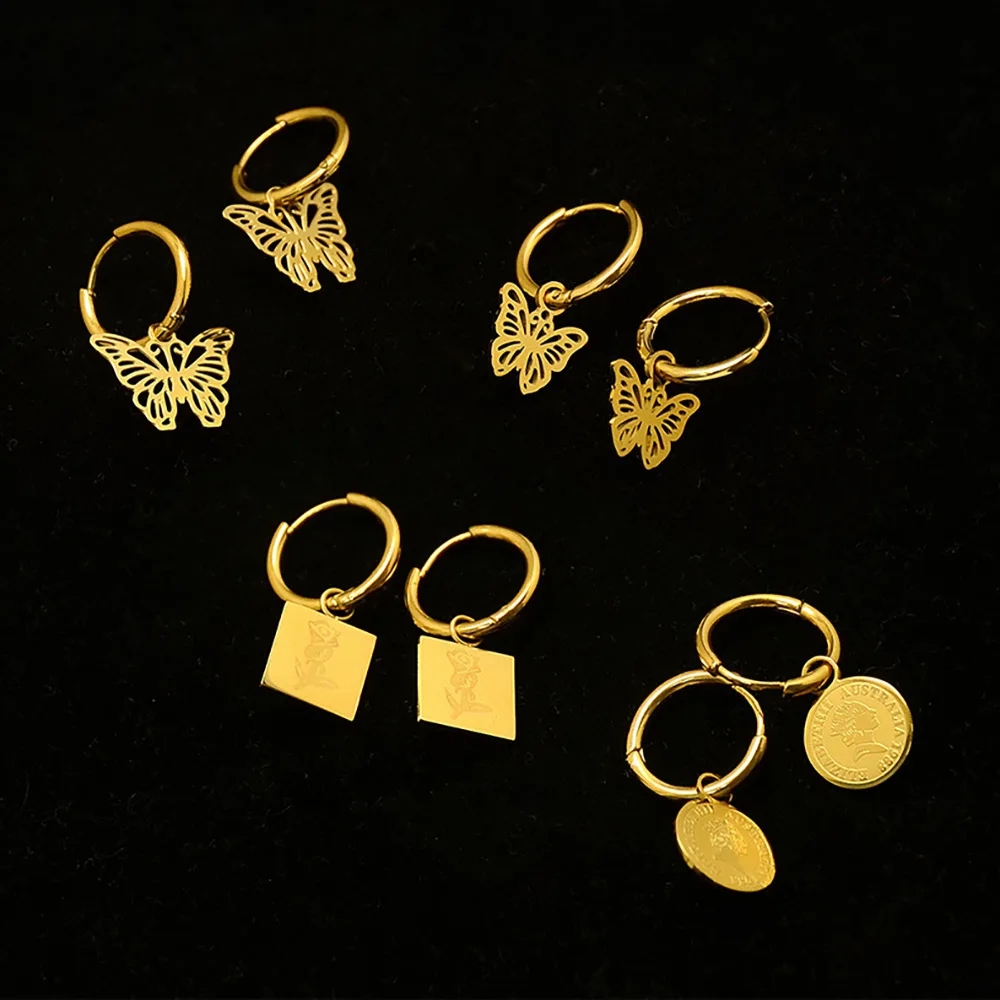 

Fashion Minimalist Jewelry Butterfly Flower 18K Gold Plated Stainless Steel Drop Huggies Earrings