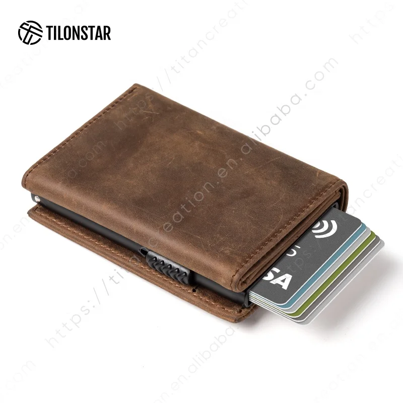 

TILONSTAR TVC302C Crazy Horse Genuine Leather Aluminum Card Holder Wallet Men Automatic Pop Up ID Card Holder