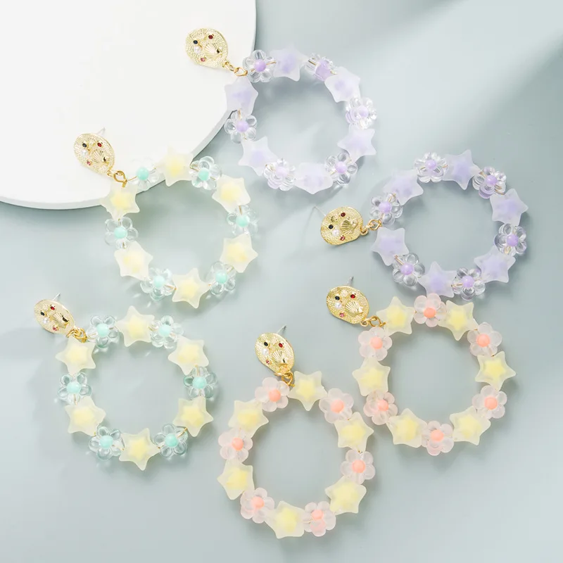 

New Designer Fashion Gold Plated Fresh Candy Color Acrylic Resin Star Flower Beaded Drop Earrings for Girls Women Jewelry