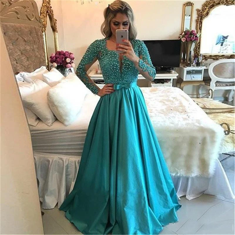 

EV037 Robe De Soiree 2020 Lades Customized Design Arabic Style Long Prom Dresses Elegant Beaded Lace Long Sleeves Evening Gowns