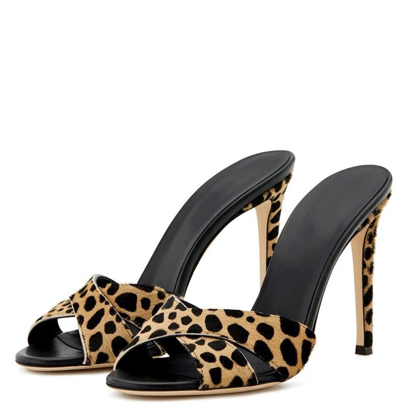 

wholesale and custom large size horse hair leopard print round toe high heel sandals