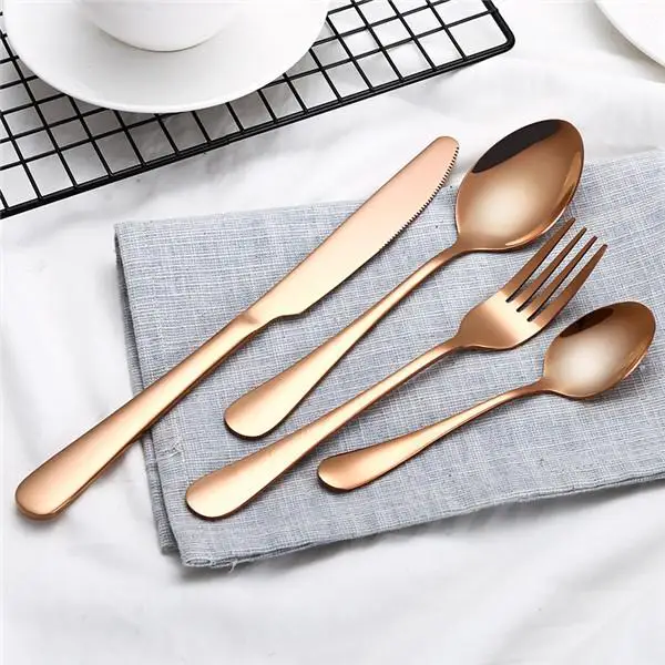 

Fancy Rose Gold pvd Coating Flatware with Plastic Wooden Color Handle Bulk or Custom Sets of 24 Piece Metal Industrial Cutlery, Silver, gold, rose gold, black, blue, rainbow
