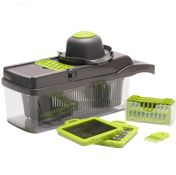 

High Quality Multifunctional Kitchen Vegetable Chopper Slicer Cutter Wholesale 9 in 1 Vegetable Mandoline Slicer with Container, Grey;white