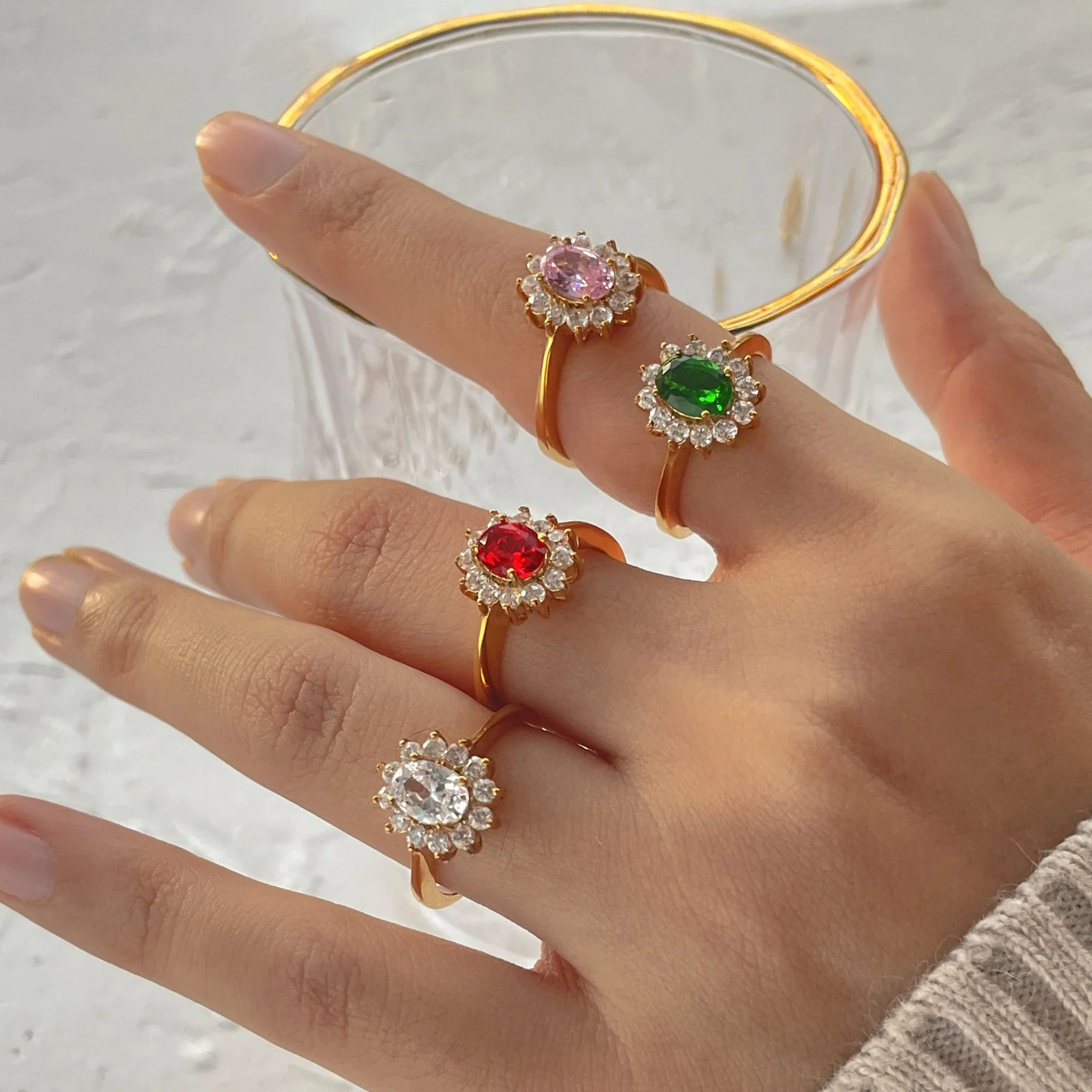 

Luxury 18K Gold Plated Fashion Jewelry Double Layer Chunky Finger Ring Stainless Steel Bezel Oval Cubic Zircon Gemstone Ring, Gold, rose gold, steel, black etc.