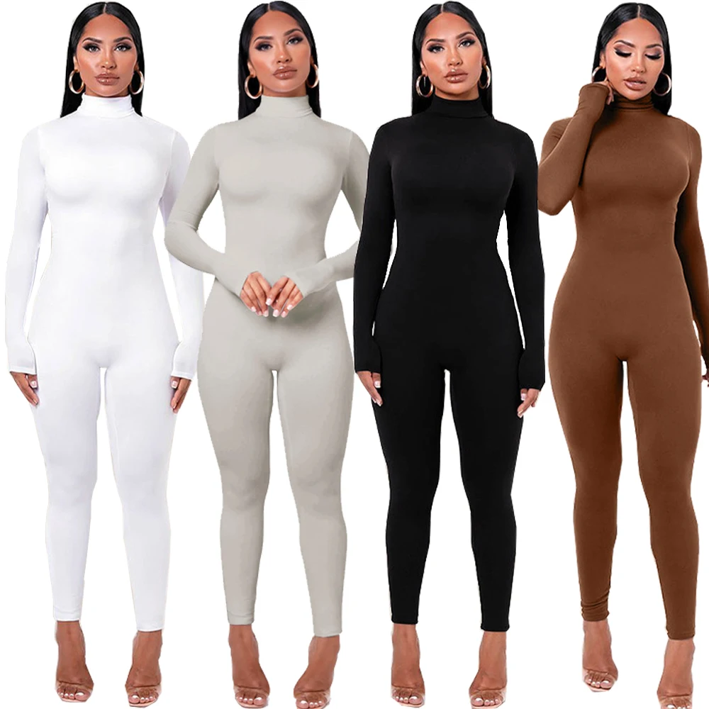 

Womens Jumpsuits Solid Color Long Sleeve Turtleneck Skinny Bodycon Jumpsuit New Arrivals Autumn Winter Women Clothing RS01014