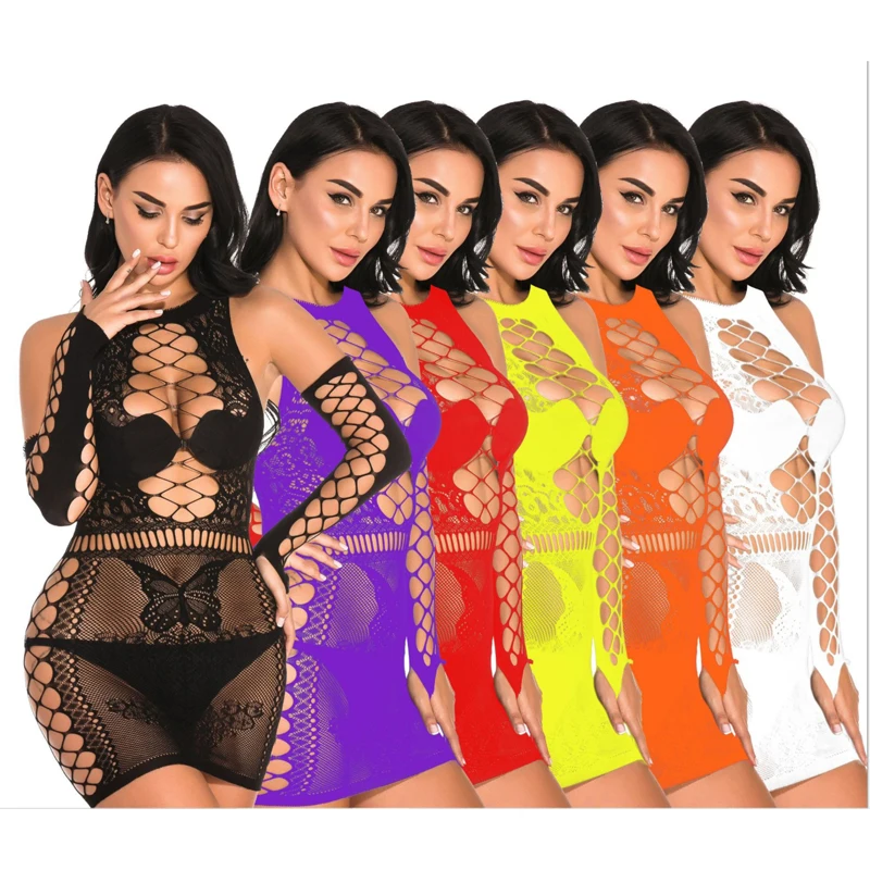 

Aura Women Plus Size Lingerie Fishnet Dress Seamless Outfit Mesh Bodystockings, Black, white, red, rose red, blue, purple, etc