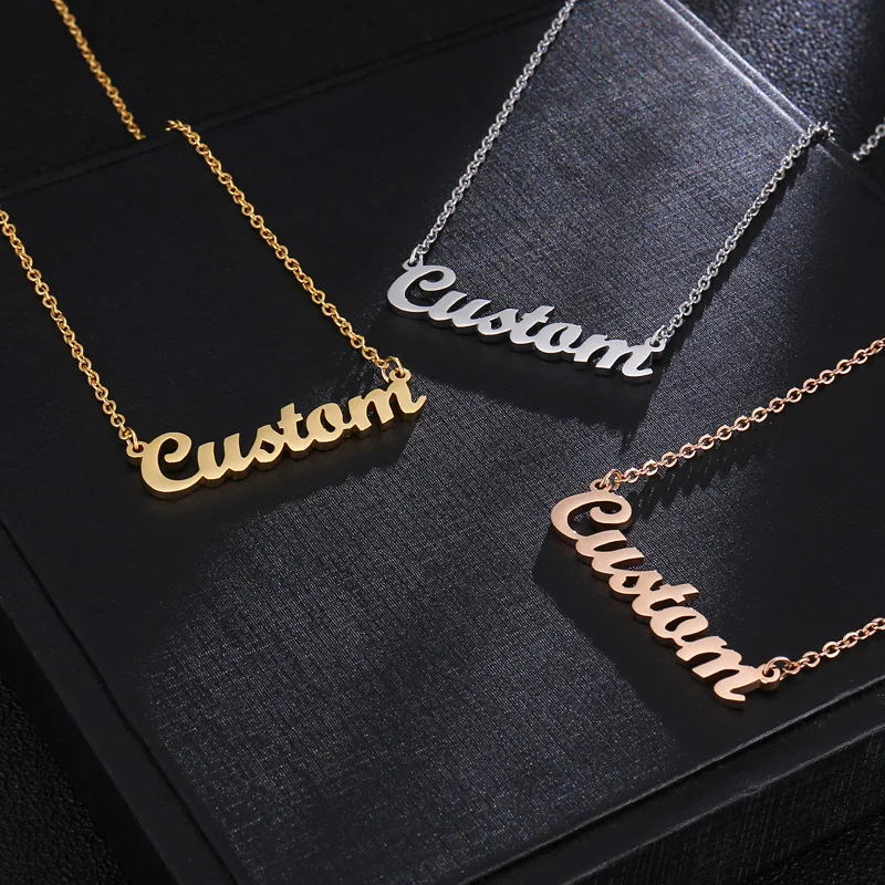 

Custom Logo Stainless Steel Name Necklace Personalised Alphabet Initial Letters Name Plate Pendant Necklaces for Women, Silver, gold, rose gold;customized color