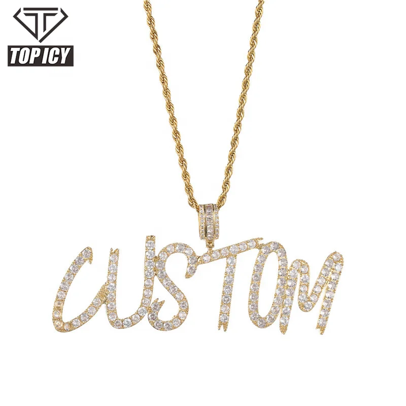 

Hip Hop Iced Out Personalized Necklace Custom Jewelry Big Size Cursive Letter Pendant 4mm Brush Font Name Necklace