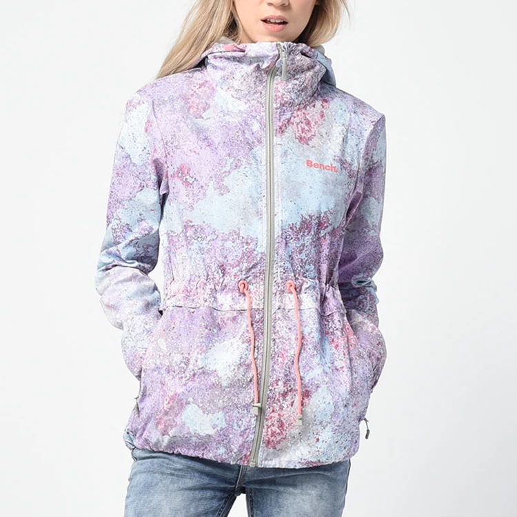 

All over print jacket custom adjustable waist long windproof waterproof hooded printed jacket women, Customizable