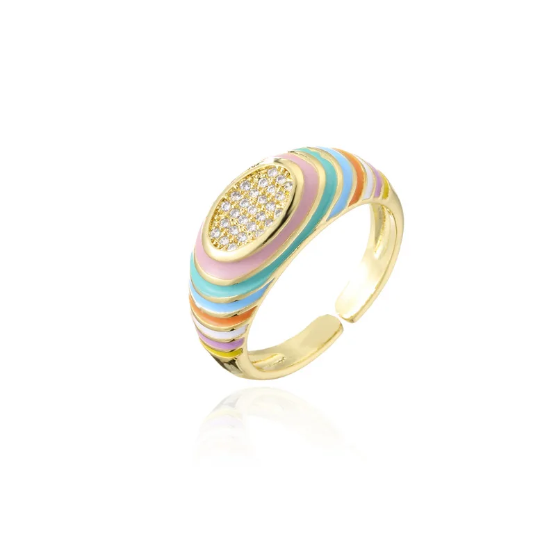 

Personalized Style Real Gold Plated Multi Color Oil Drip Open Rings Colorful Enamel Cubic Zircon Adjustable Rings