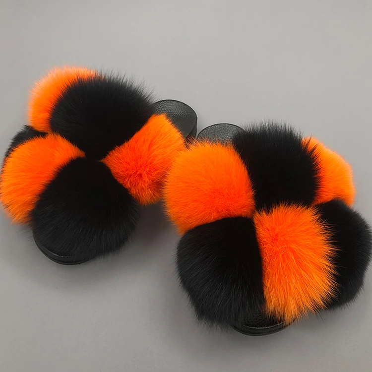 

Free shipping cheap price women girls rainbow flurry fox fur slides real fur slides fox fur slippers, Customized color