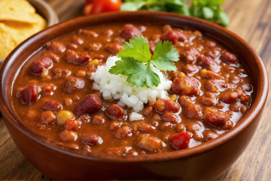 Bowl of traditional chili colorado served with corn tortillas, diced white onions, and fresh cilantro on wooden table