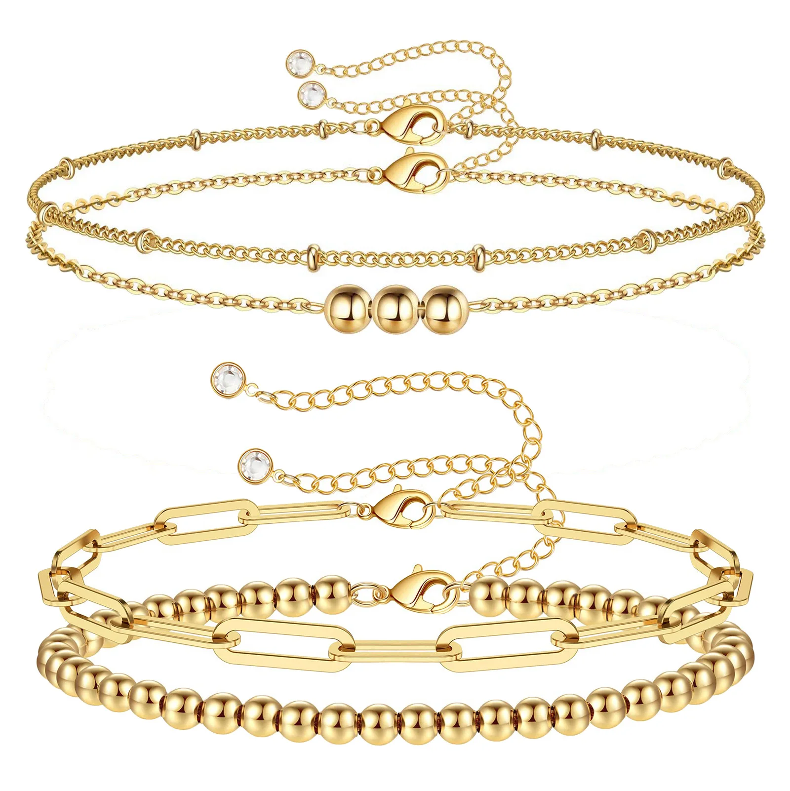 

2pcs Double Layer Paperclip Chain Beaded Bracelet set 18k Gold Plated Cable Chain Stainless Steel Layered Bracelet