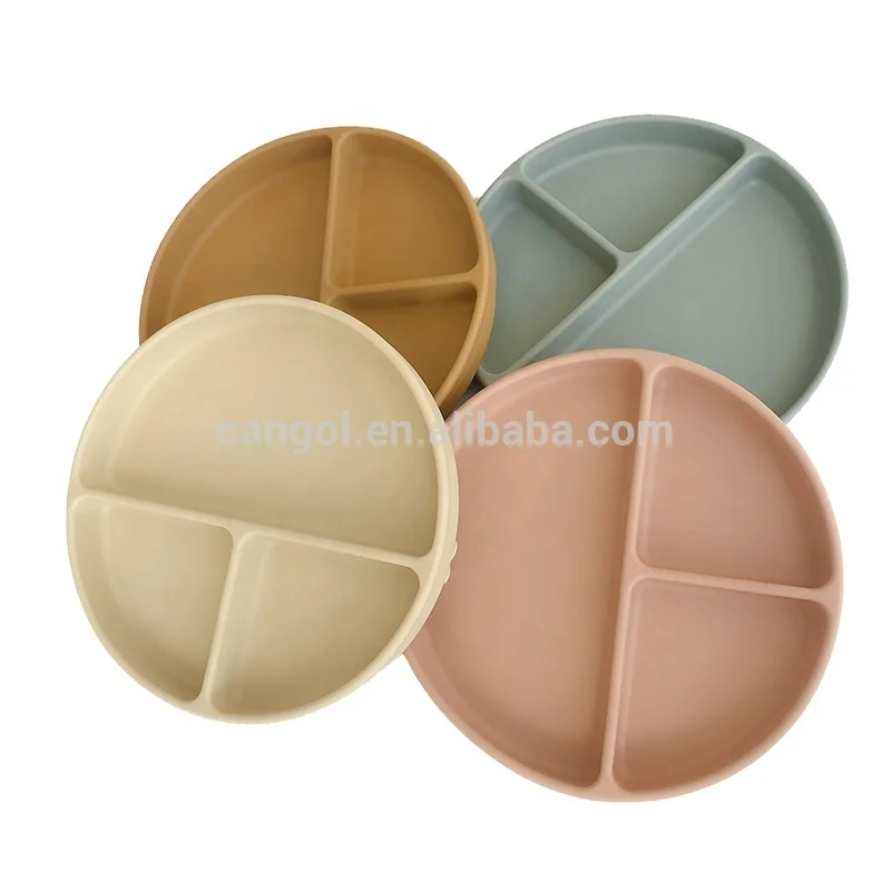

2021 New Baby Divided Plate Silicone- Portable Non Slip Child Feeding Plate with Suction for Children Kids Baby Dinner Plate, Customized color