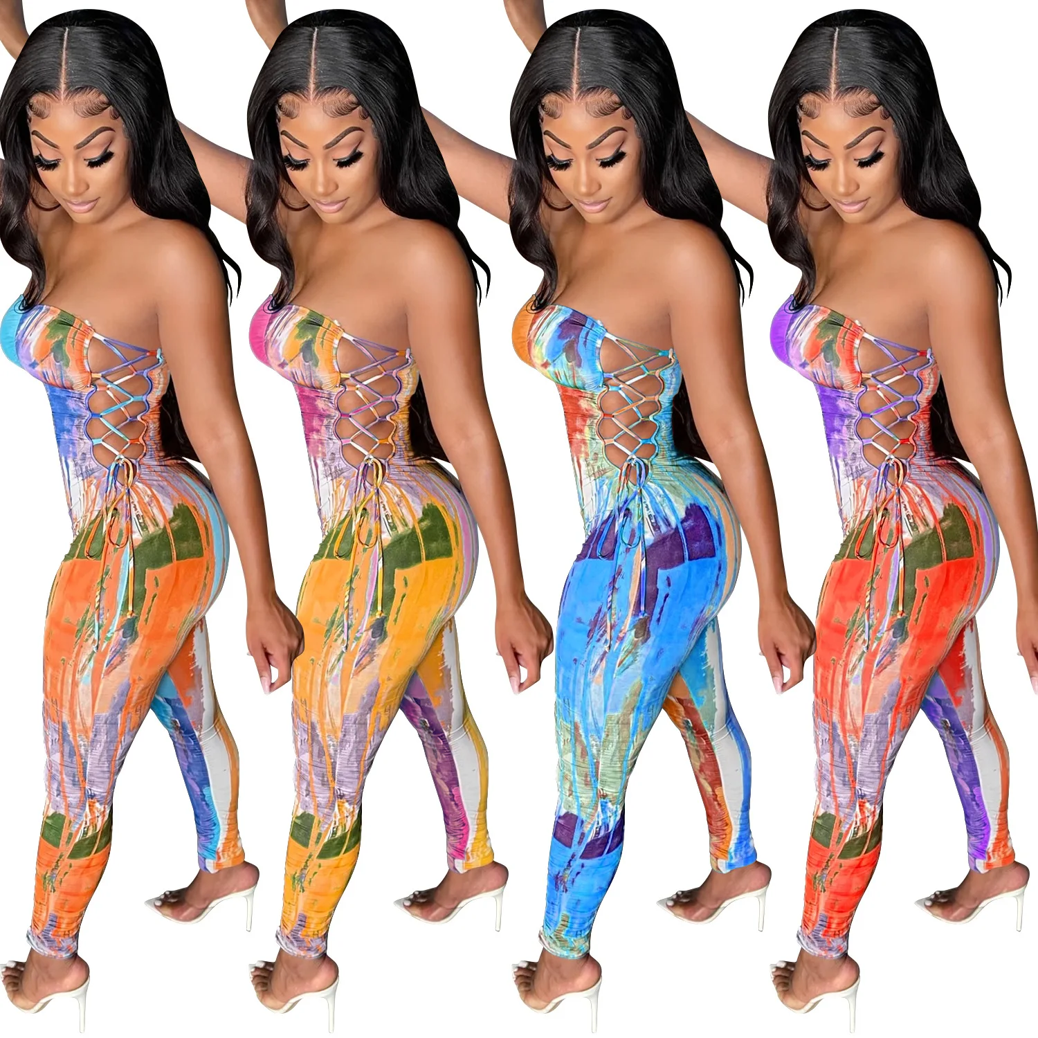 

2021 New arrivals Hot Sale Strapless Side Open Bandage Printed One Piece Jumpsuit brand name jumpsuits printed jumpsuits, Customized color