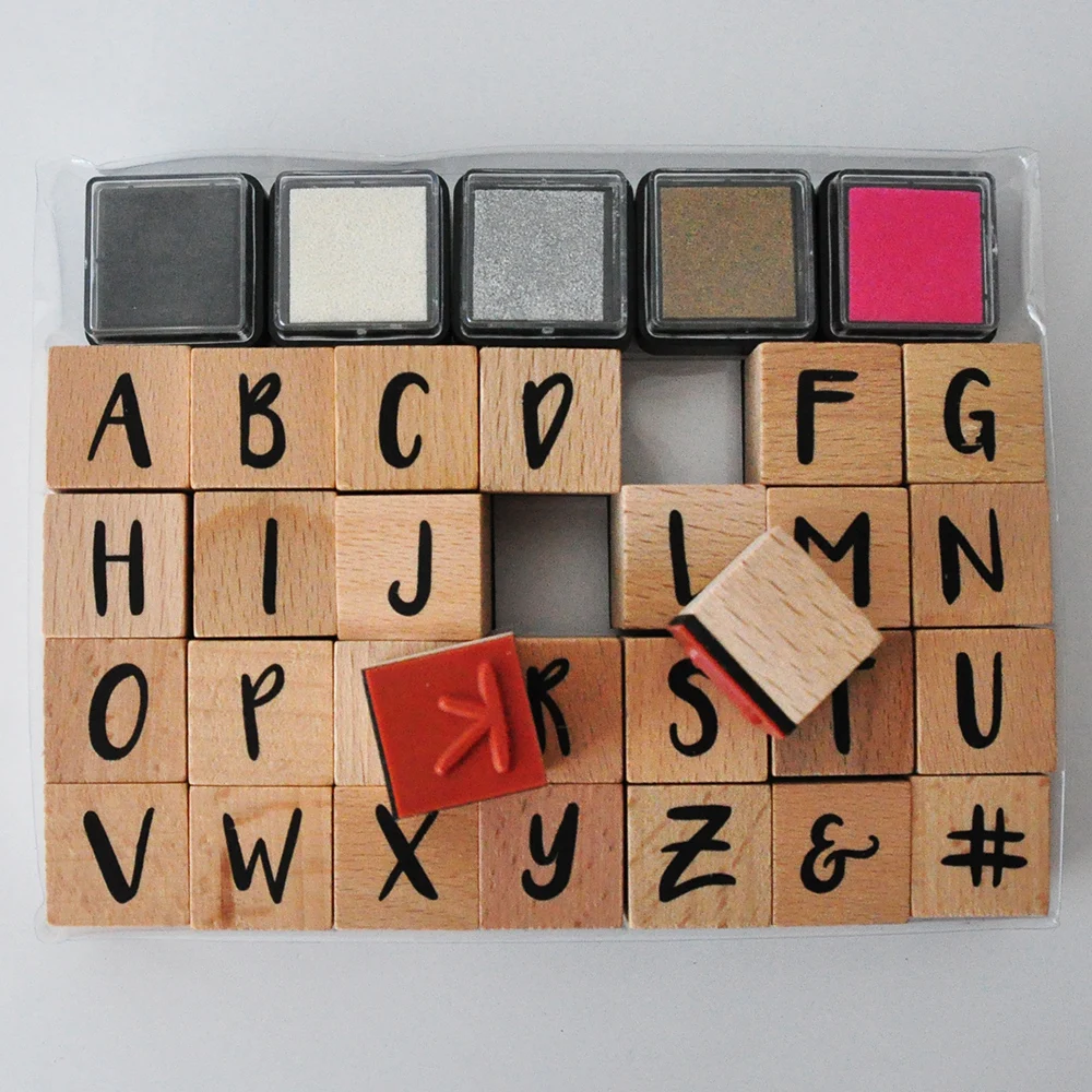 Wooden Alphabet Stamps Set 28 Stamps And 5 Ink Pads Buy Wooden