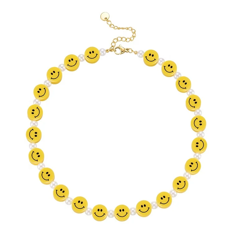 

18K Gold Plated Stainless Steel Jewelry Smile Face Imitation Pearl For Women Party Accessories Necklace P213225